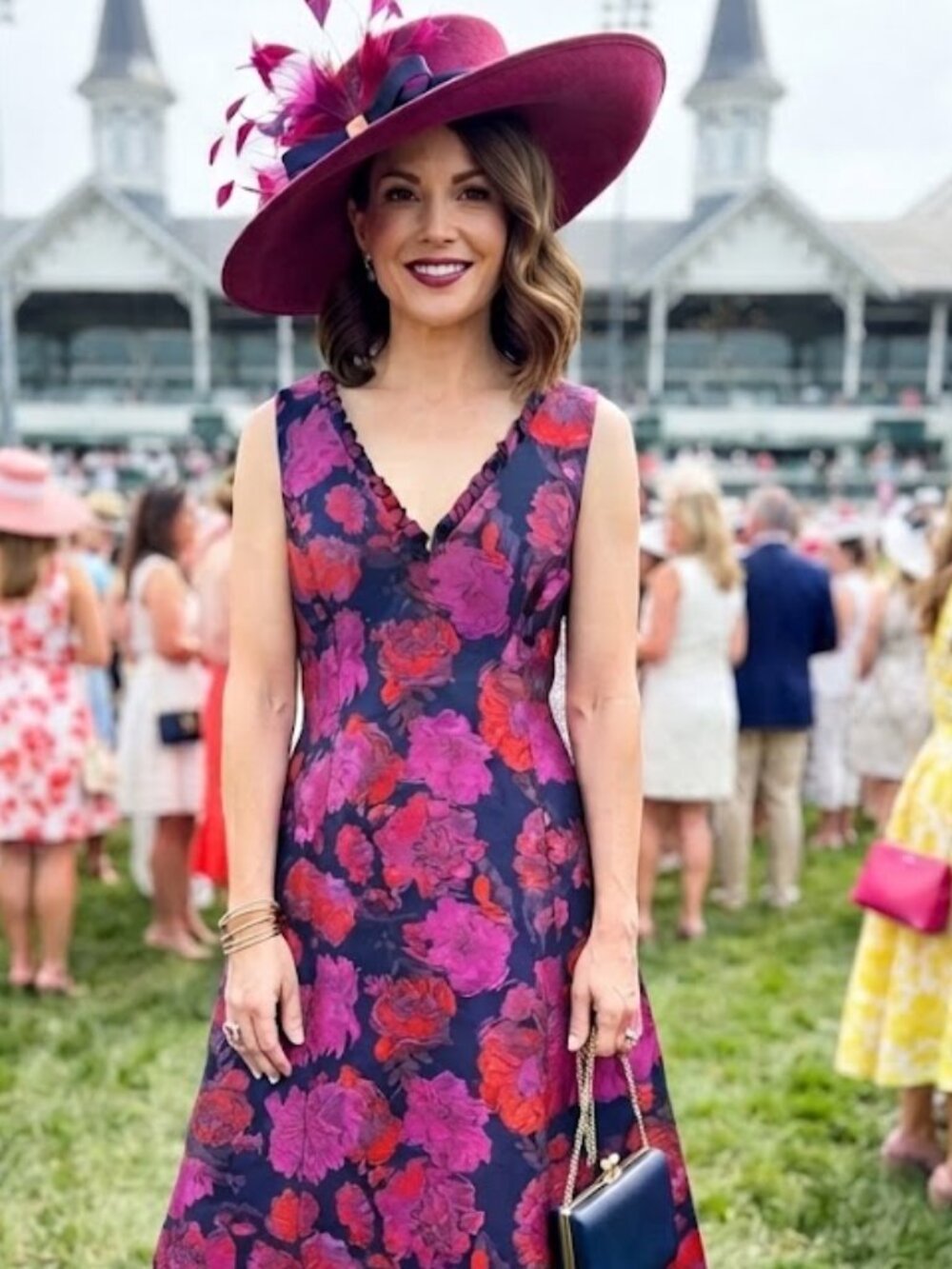 Adrianna Papell Navy Floral A-Line Dress with Pink & Red Blooms